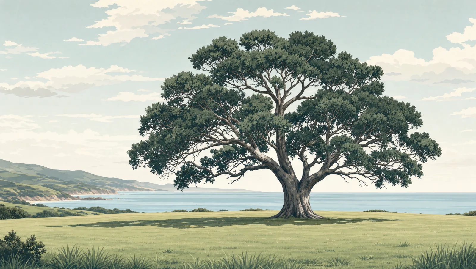 Illustration of a single well-established tree standing alone on an open bright coastal lawn.