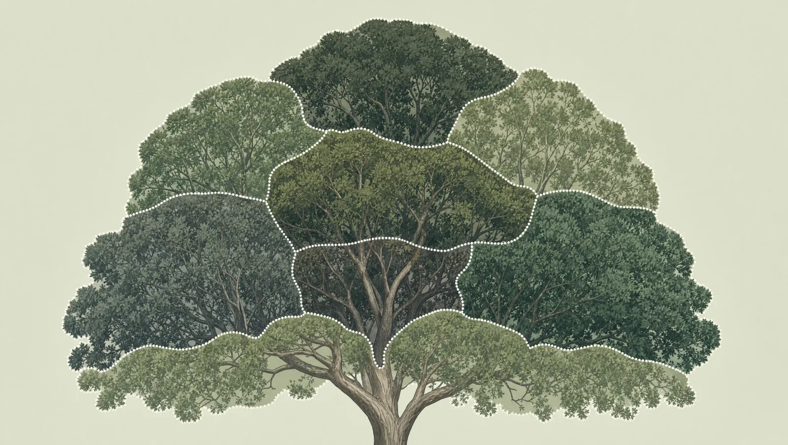 Illustration of a tree canopy divided into soft outlined zones suggesting a professional visual assessment.