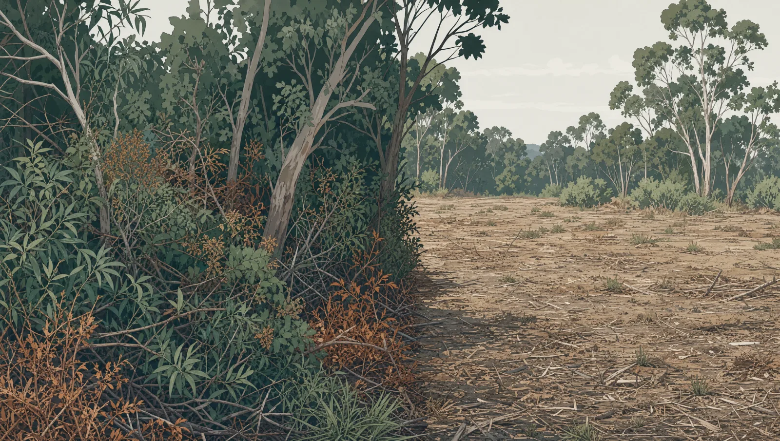 Illustration contrasting a dense overgrown brush thicket with an adjacent cleared open ground area.