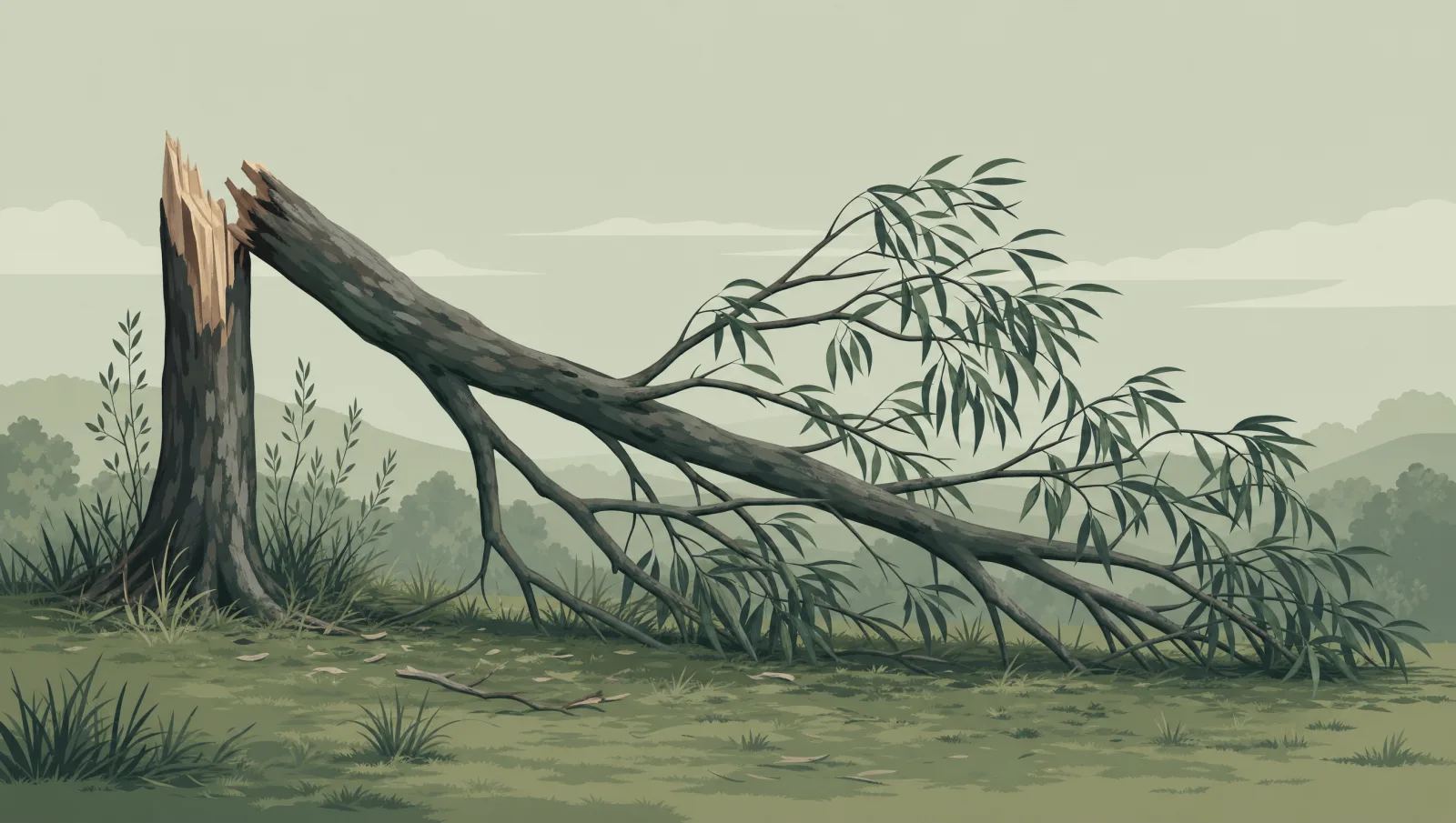 Illustration of a large broken tree limb resting on open ground after failing.