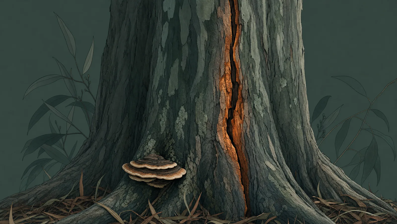 Close illustration of a tree trunk showing a visible vertical structural crack near the base.