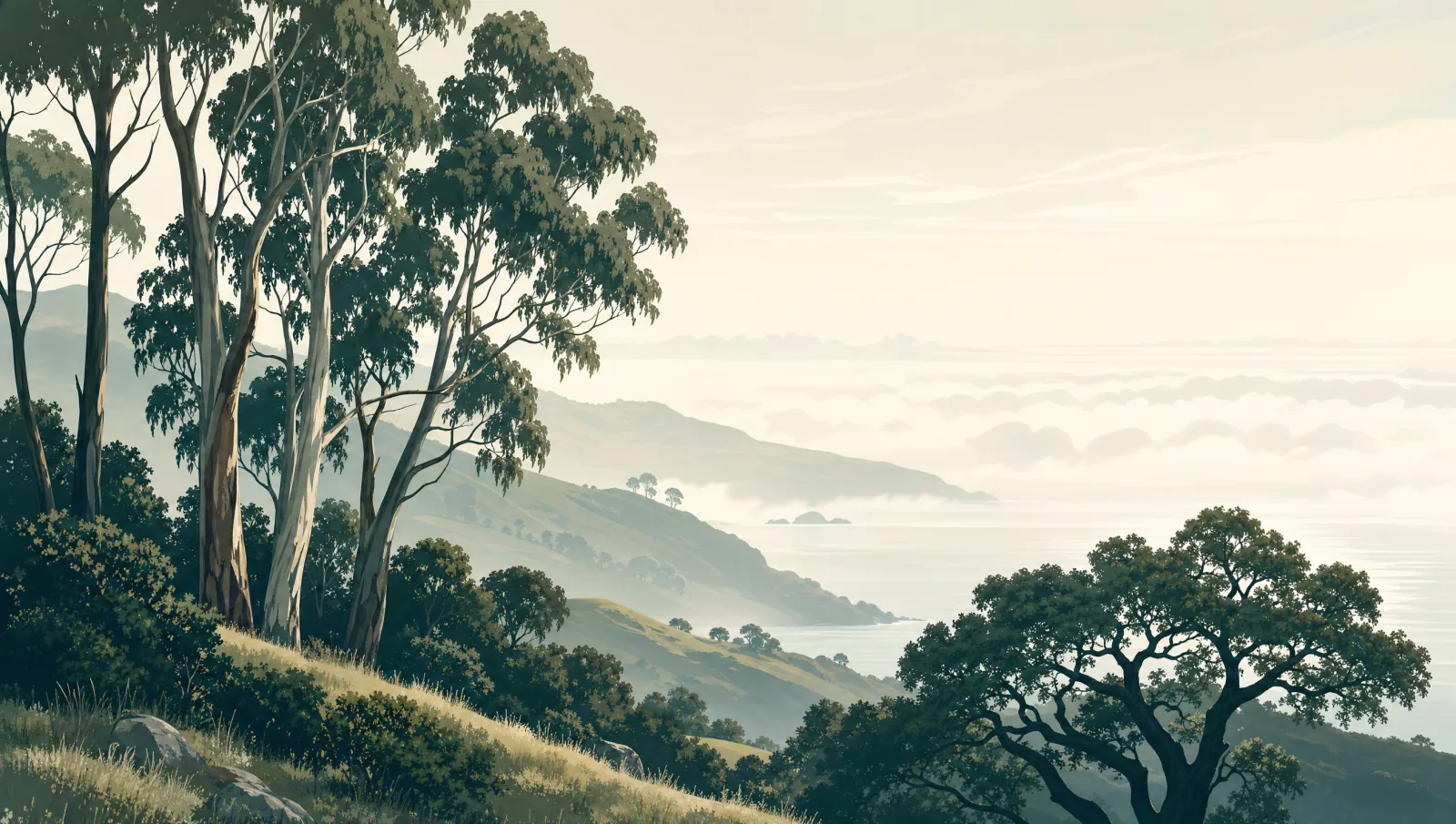 Illustrated coastal California hillside with mature eucalyptus and oak trees against a bright, airy marine-layer sky.