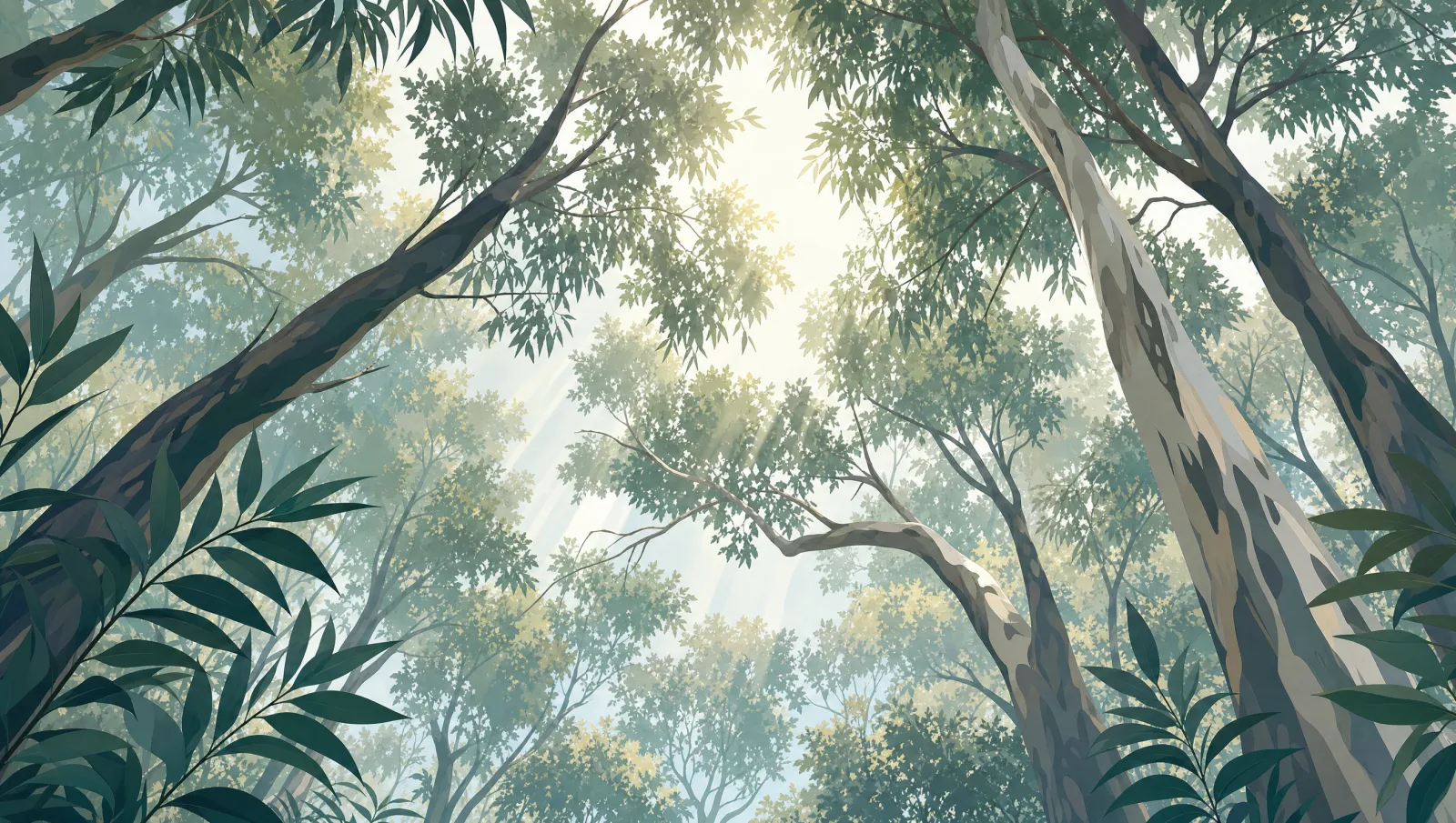 Illustration of an open tree canopy filtering bright soft daylight through its leaves.