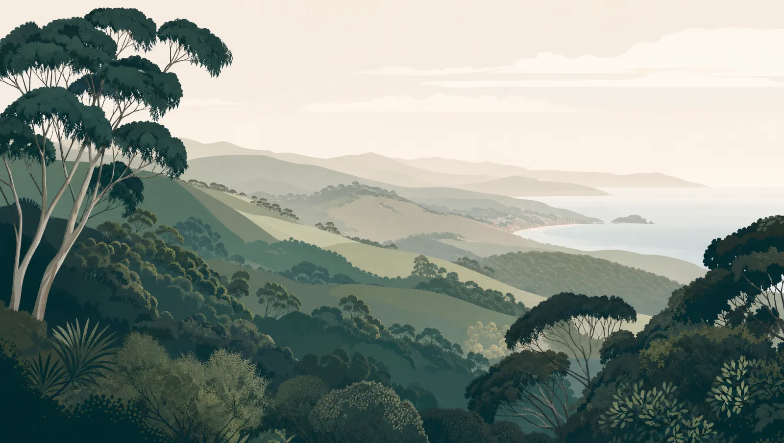 Illustrated layered hills and tree canopies suggesting a coastal county landscape.