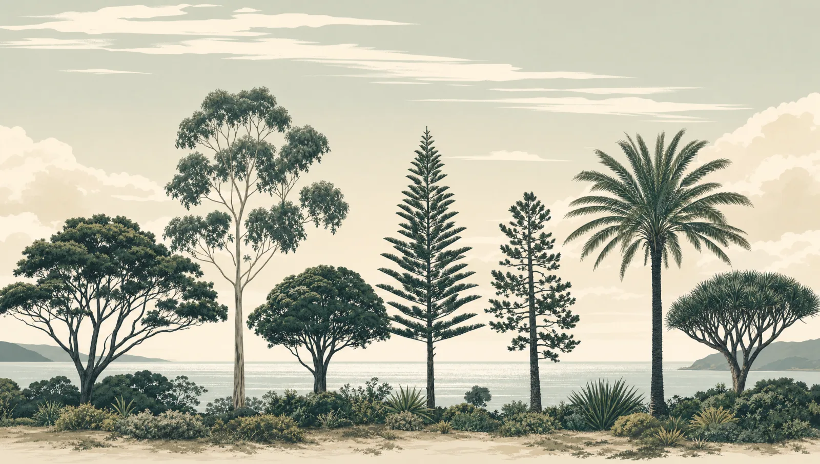 Illustration of varied tree silhouettes along a bright coastal horizon.