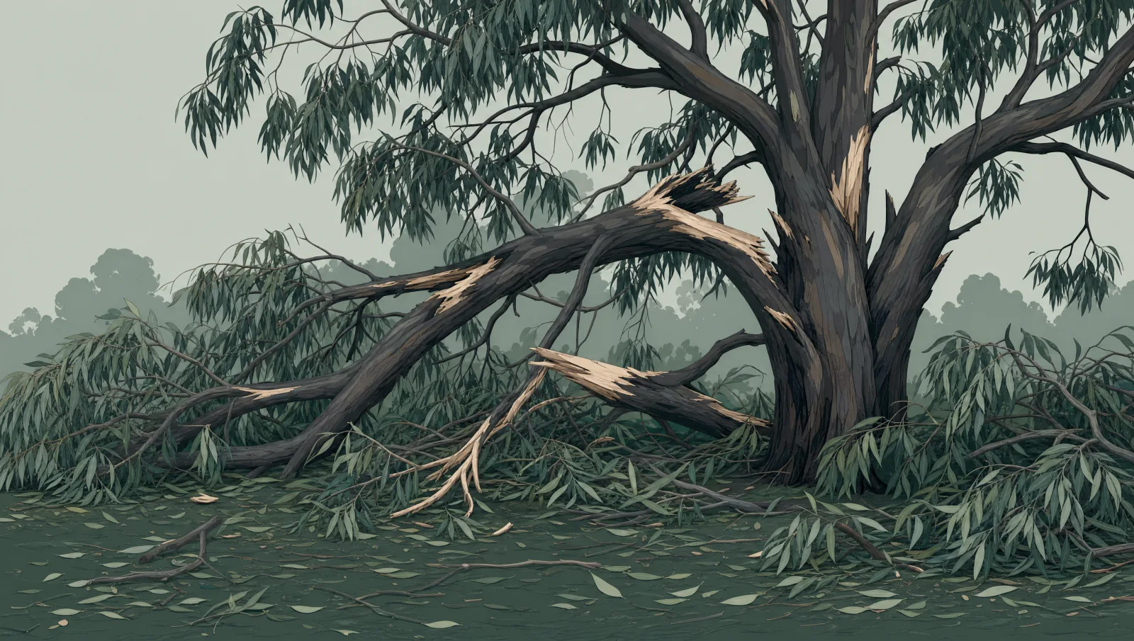 Illustration of a tree canopy with several broken and displaced branches and scattered leaves after a storm.