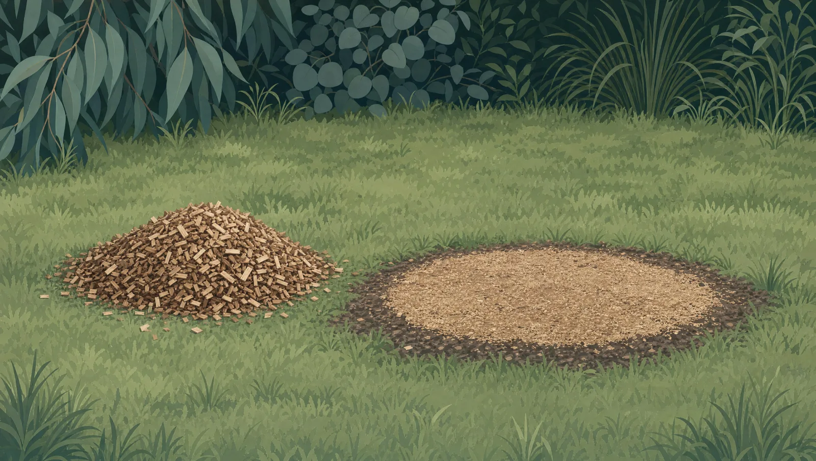 Illustration of a tree stump ground level with the surrounding lawn, with a small pile of wood-chip mulch beside it.