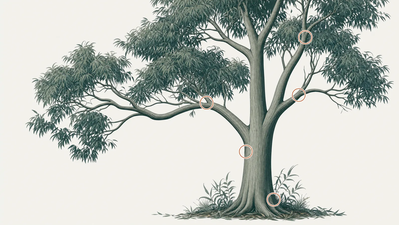 Illustration of a tree canopy and trunk with small markers highlighting points examined during a visual assessment.