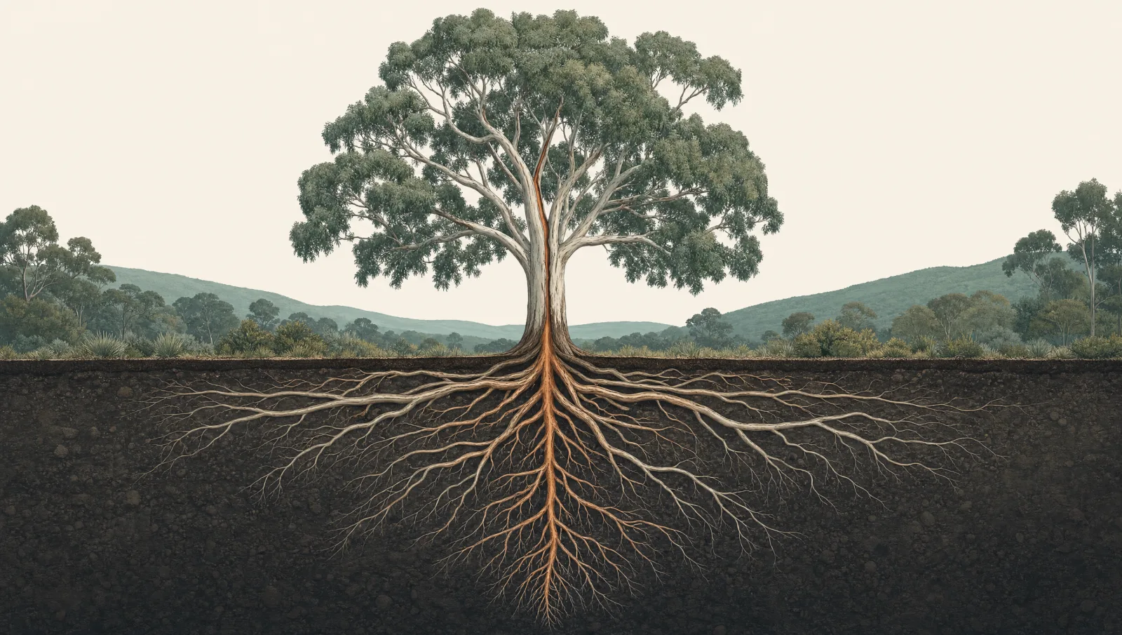 Illustrated cutaway diagram of a tree showing its full root structure beneath the soil alongside the canopy above ground.